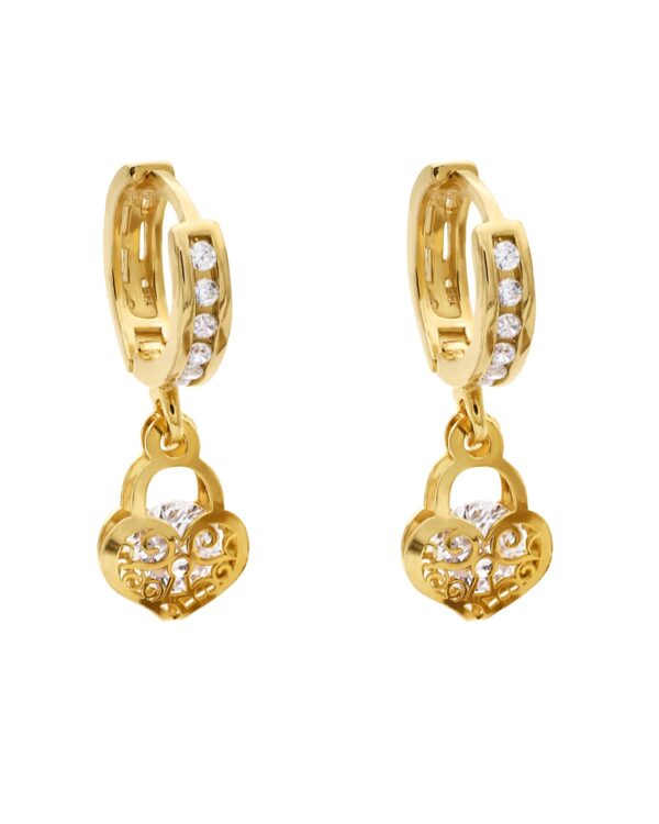 gold dangle earrings heart lock