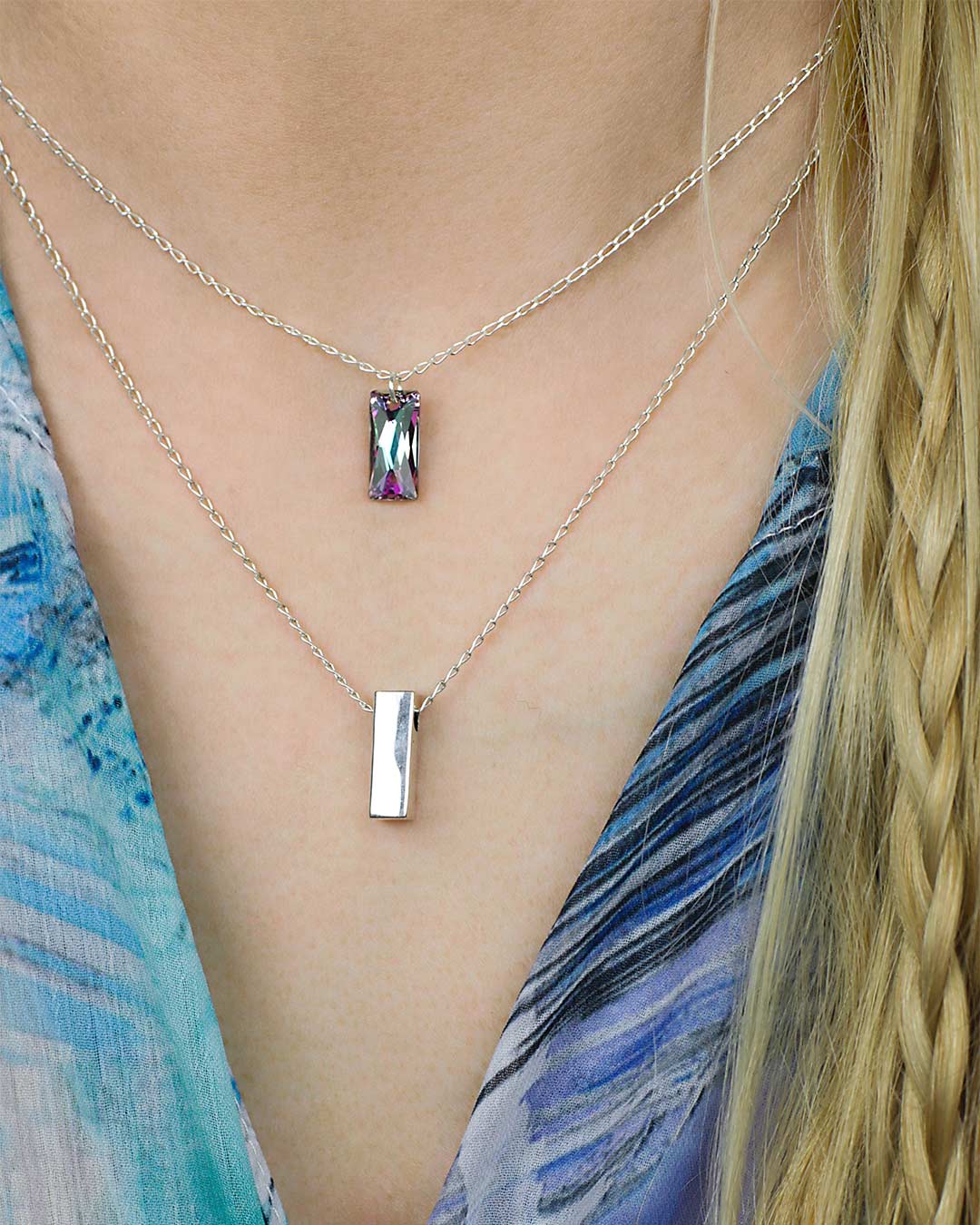 rectangle bar necklace sterling silver 925 purple blue