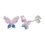 butterfly earrings studs 925 silver blue and pink