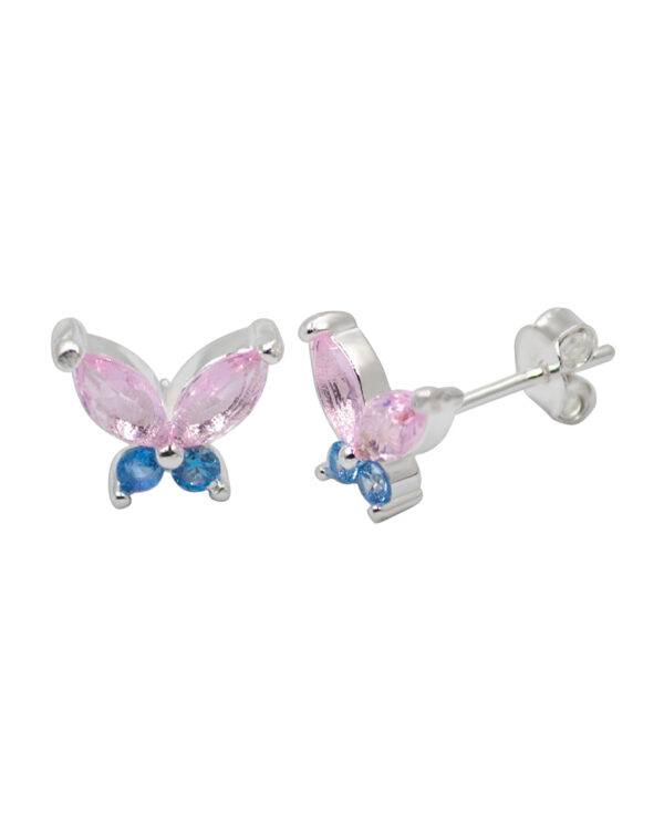 butterfly earrings studs 925 silver blue and pink